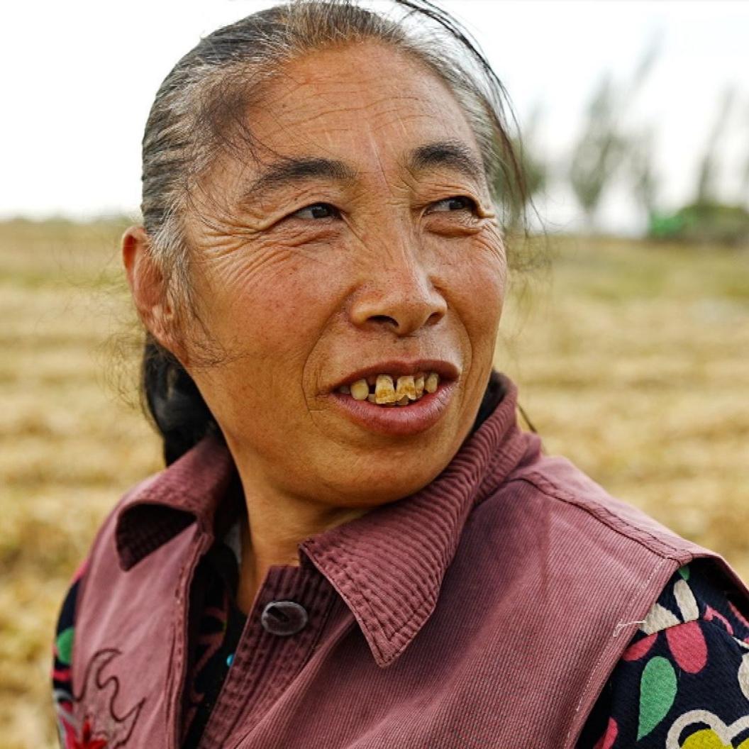 Close-up portrait of a woman with greying hair pulled back, looking to one side while standing in a yellow field