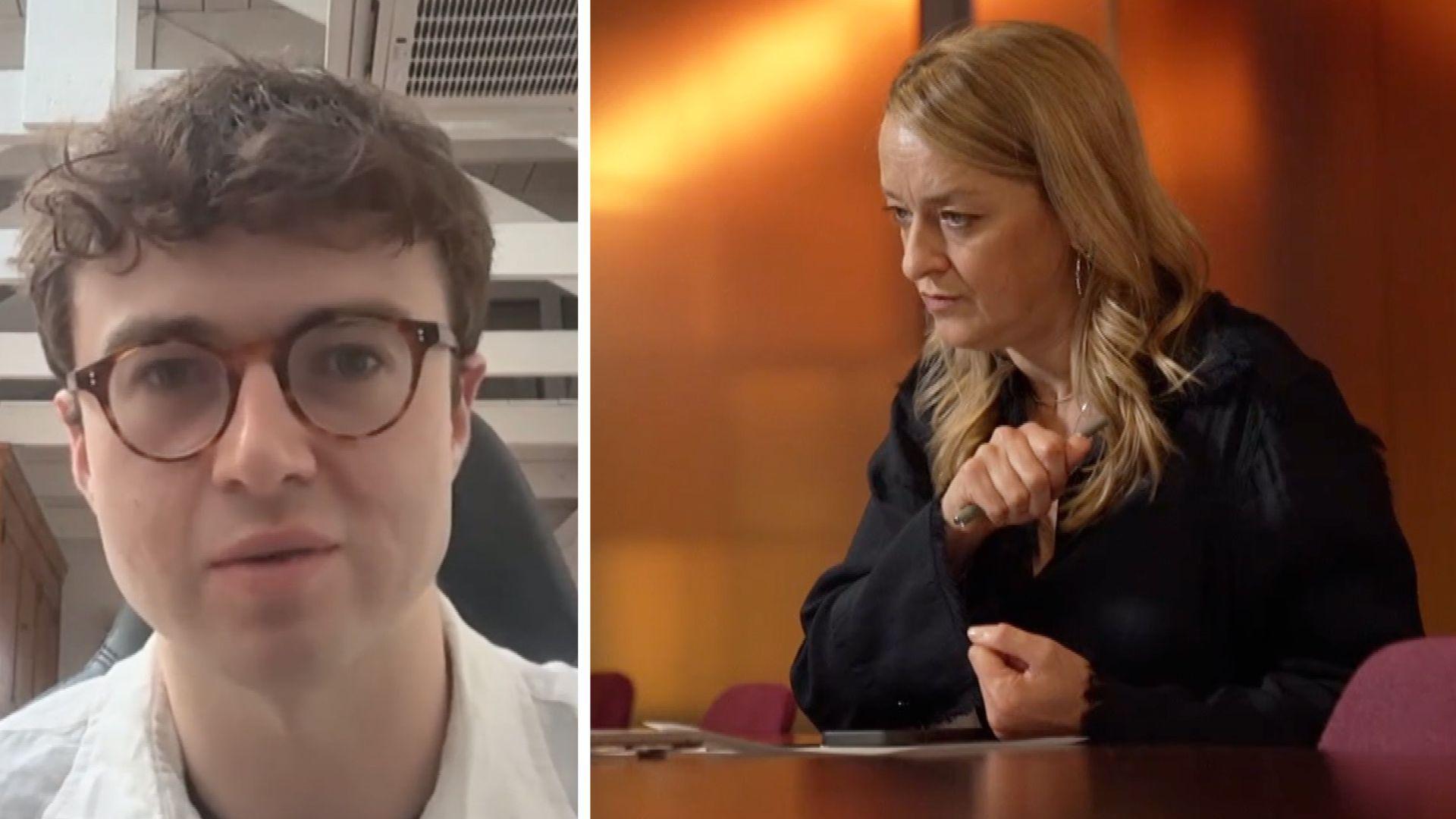 Jacob Coxon, shown on the left, wearing dark frame glasses and a white colloared shirt. On the right is BBC's Laura Kuenssberg in a black shirt sitting with her arms on a desk as she looks to the left of frame.