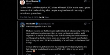 Ethereum’s Vitalik Bets 90% of His Net Worth Against an AI Bitcoin Crash